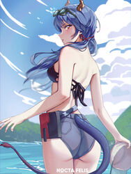  arknights ass bare_arms bare_back bare_shoulders blue_hair blue_shorts blue_sky ch&#039;en_(arknights) ch&#039;en_the_holungday_(arknights) cloud commentary_request cowboy_shot day dragon_horns dragon_tail eyewear_on_head female hat highres holding holding_clothes holding_hat horns long_hair looking_at_viewer nocta_felis outdoors red_eyes short_shorts shorts sky solo standing sunglasses tail thighs unworn_hat unworn_headwear 