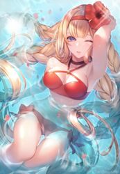  armpits athena_(granblue_fantasy) bikini blonde_hair blush breasts collarbone commentary_request female flower granblue_fantasy hair_flower hair_ornament hairband highres kogome_(azalea4) long_hair looking_at_viewer medium_breasts midriff one_eye_closed partially_submerged purple_eyes red_bikini red_hairband side-tie_bikini_bottom solo swimsuit very_long_hair 