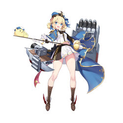  absurdres artillery ass_visible_through_thighs azur_lane beret blonde_hair blue_cape blue_eyes blue_ribbon boots breasts brown_footwear brown_skirt cape cross-laced_footwear epaulettes female full_body gloves gold_trim hardy_(azur_lane) hat highres holding holding_sword holding_weapon long_hair manjuu_(azur_lane) miniskirt natsuichi-sama rapier ribbon rigging simple_background single_epaulette skirt small_breasts solo sword thighs torpedo_launcher torpedo_tubes turret two-tone_skirt weapon white_background white_gloves white_skirt 