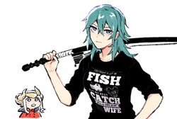  2girls aged_up blonde_hair blue_eyes blue_hair byleth_(female)_(fire_emblem) byleth_(fire_emblem) chibi clothes_writing crest edelgard_von_hresvelg english_text fire_emblem fire_emblem:_three_houses fishing_rod hair_ornament long_hair looking_at_viewer meme merchandise multiple_girls shirt short_hair simple_background smile t-shirt upper_body vento white_background wife_and_wife women_want_me_fish_fear_me_(meme) yuri 