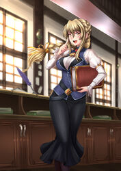  :d adsouto black_legwear black_skirt blonde_hair blurry blurry_background braid braided_ponytail breasts commentary_request dress_shirt female floating_hair goblin_slayer! guild_girl_(goblin_slayer!) hair_between_eyes hair_ribbon highres indoors large_breasts light_particles long_hair long_skirt long_sleeves open_mouth ribbon shirt skirt smile solo very_long_hair white_shirt yellow_eyes yellow_ribbon 