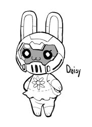  :3 animal animal_crossing animal_ears assault_visor bad_id bad_twitter_id blush_stickers character_name commentary crossover daisy_(doom) doom_(series) dress english_commentary female flower_(symbol) full_body furry furry_female greyscale helmet monochrome pants rabbit_ears rabbit_girl simple_background solo standing star-rod white_background 