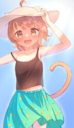  :d absurdres ahoge animal_ears annin_miru bare_shoulders blonde_hair bloom blue_background blue_skirt blush brown_tank_top cowboy_shot day female hand_on_headwear hat highres lemon_print light_rays looking_at_viewer maka_neko open_mouth outdoors short_hair skirt smile solo standing strap_slip sunlight swept_bangs tail tank_top virtual_youtuber white_hat yahoo! yellow_eyes 