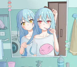  2others absurdres androgynous bathroom blue_hair blush brushing_another&#039;s_hair brushing_hair chinese_commentary ciel_(tensei_shitara_slime_datta_ken) closed_mouth comb commentary contemporary hair_between_eyes highres holding holding_comb holding_toothbrush indoors long_hair looking_at_viewer multiple_others orenji_(user_fknw7775) rimuru_tempest shirt short_sleeves smile tensei_shitara_slime_datta_ken toothbrush washing_machine white_shirt yellow_eyes 