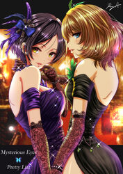  2girls backless_dress backless_outfit bad_id bad_pixiv_id bare_back black_dress black_gloves black_hair blonde_hair blue_bow blue_eyes blue_feathers bow commentary_request curvy dress earrings elbow_gloves feather_hair_ornament feathers fishnet_gloves fishnets gloves green_feathers hair_ornament hairbow hand_on_another&#039;s_neck hayami_kanade highres idolmaster idolmaster_cinderella_girls jewelry koya_(koya_x_00) lace lace-trimmed_gloves lace_trim looking_at_viewer medium_hair mole mole_under_eye multiple_girls mysterious_eyes_(idolmaster) pretty_liar_(idolmaster) purple_dress purple_feathers red_lips shiny_skin short_hair shoulder_blades side_slit signature sleeveless sleeveless_dress smile sparkle standing takagaki_kaede yellow_eyes 