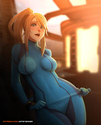  backlighting blonde_hair blue_bodysuit blue_eyes blurry blurry_background bodysuit breasts breasts_apart cowboy_shot cuffs female freckles high_ponytail highres impossible_bodysuit impossible_clothes indoors leaning_to_the_side lips long_hair long_sleeves looking_at_viewer medium_breasts metroid open_mouth patreon_username ponytail samus_aran sidelocks sinner!_(sillygirl) skin_tight smile solo swept_bangs teeth thigh_gap turtleneck upper_teeth_only watermark web_address zero_suit 