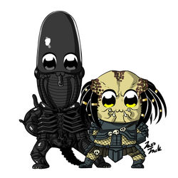  :3 alien alien_(series) alien_vs._predator bkub_(style) black_eyes chibi commentary english_commentary full_body jazz_jack looking_at_viewer mixed-language_commentary no_humans parody poptepipic poptepipic_pose pose predator_(1987) predator_(character) predator_(series) signature simple_background standing white_background xenomorph yellow_eyes 