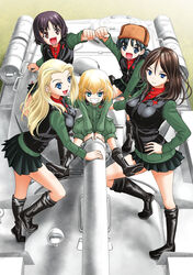  5girls :d alina_(girls_und_panzer) black_footwear black_hair black_skirt black_vest blonde_hair blue_eyes bob_cut boots brown_eyes brown_hair brown_headwear clara_(girls_und_panzer) closed_mouth commentary_request cover_image foot_up fur_hat girls_und_panzer green_jacket green_jumpsuit grin hand_on_own_hip hat highres insignia is-2 jacket jumpsuit katyusha_(girls_und_panzer) knee_boots leaning_forward light_smile long_hair long_sleeves looking_at_viewer low_twintails military military_uniform military_vehicle miniskirt motor_vehicle multiple_girls nina_(girls_und_panzer) nonna_(girls_und_panzer) open_mouth pleated_skirt pravda_military_uniform raised_fist red_shirt shirt short_hair short_jumpsuit short_twintails sitting skirt smile standing swept_bangs taniguchi_gou tank textless_version turtleneck twintails uniform ushanka v-shaped_eyebrows vest zipper 