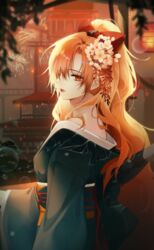  absurdres architecture bare_shoulders bow bubble commentary commission commissioner_upload east_asian_architecture female fireworks flower hair_flower hair_ornament hair_over_one_eye high_ponytail highres japanese_clothes kimono long_hair naru_0 original pixiv_commission red_eyes red_hair scarlet_destiny scenery solo very_long_hair 