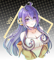  bare_shoulders breasts cleavage female highres indie_virtual_youtuber long_hair pur_orange purple_eyes purple_hair solo stomach tank_top virtual_youtuber vividly_vivi white_tank_top 