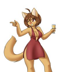  1:1 beverage breasts cleavage clothed clothing dress elexis_(mramp) female hair mammal mrs._amp_(mramp) mustelid musteline nekonny one_eye_closed plunging_neckline red_clothing red_dress side_slit side_slit_clothing side_slit_dress solo true_musteline weasel wink 