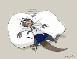  2022 3_toes 4_fingers absurd_res apron artist_name blush breath brown_body brown_fur clothed clothing digital_drawing_(artwork) digital_media_(artwork) disney disney+ english_text exhausted eyewear feet female fingers fur glasses glasses_askew green_eyes hi_res mammal mustelid necktie open_clothing open_mouth open_shirt open_smile open_topwear otter panting pawpads paws pillow resting sam_(zootopia) shirt signature simple_background smile solo teeth text tired toes tongue tongue_out topwear waist_apron whiskers zigrock001 zootopia 