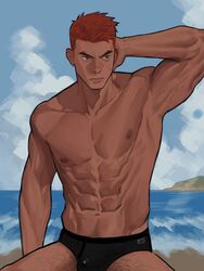  1boy abs absurdres arm_behind_head armpits bara beach black_male_swimwear edeued_(dpemrmfla) frown highres large_pectorals leg_hair long_sideburns looking_to_the_side male_focus male_swimwear muscular muscular_male navel_hair nipples original pectorals red_hair revision sand short_hair sideburns solo stomach swim_briefs thick_eyebrows topless_male veins veiny_arms water 