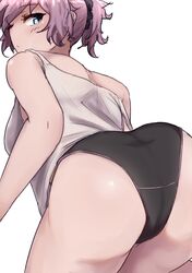  absurdres aoba_(kancolle) ass black_panties black_scrunchie blue_eyes cowboy_shot female highres ikadamo kantai_collection leaning_forward looking_at_viewer looking_back messy_hair panties purple_hair scrunchie simple_background solo strap_slip tank_top underwear white_background white_tank_top 