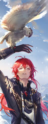  1boy absurdres animal_on_arm arm_up bad_id bad_twitter_id bird bird_on_arm black_jacket black_neckwear cloud dated day diluc_(genshin_impact) genshin_impact gloves hair_between_eyes highres jacket long_hair long_sleeves male_focus mountain outdoors owl ponytail red_eyes red_hair rokuon sky twitter_username 