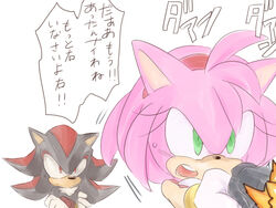  4:3 accessory amy_rose anthro black_body black_fur clothing crossed_arms duo eulipotyphlan exclamation_point female fur gloves green_eyes gun handwear headband hedgehog holding_gun holding_object holding_ranged_weapon holding_weapon japanese_text male mammal nashi_(intothe_bluesky) open_mouth pink_body pink_fur ranged_weapon red_body red_eyes red_fur sega shadow_the_hedgehog shooting simple_background sonic_the_hedgehog_(series) speech_bubble text translation_request weapon white_background yelling 