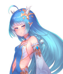  :t ahoge bad_id bad_pixiv_id bare_shoulders blue_eyes blue_hair blush breasts clothing_cutout detached_sleeves eyelashes female from_side highres horns king&#039;s_raid lilia_(king&#039;s_raid) long_hair looking_at_viewer navel_cutout pointy_ears pout side_cutout simple_background skin_tight small_breasts solo straight_hair tearing_up upper_body very_long_hair white_background yu_mochi_(kamiinu) 