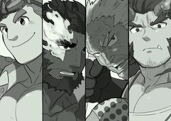  1hao_(@cerbero64) 4boys amatsumara_(housamo) bara beard broken_horn column_lineup demon_boy demon_horns eyebrow_cut facial_hair fiery_horns flaming_eye greyscale hephaestus_(housamo) highres horns kajiya_kurogane large_pectorals long_sideburns male_focus mature_male monochrome multiple_boys muscular muscular_male oerba_yun_fang old old_man open_clothes open_shirt pectoral_cleavage pectorals scar scar_across_eye scar_on_face short_hair sideburns smile stubble takemaru_(housamo) thick_eyebrows tokyo_afterschool_summoners 