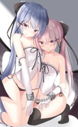  2girls bare_shoulders black_legwear black_panties blue_hair blush bow breasts buttons chains cleavage collarbone commentary_request cross cross_hair_ornament cuffs demon_girl demon_wings doyachii elbow_gloves frills gloves hair_between_eyes hair_ornament hairbow handcuffs highres latin_cross long_hair looking_at_viewer multiple_girls no_pants original panties parted_lips pink_hair ponytail pubic_tattoo red_eyes shirt side-tie_panties sidelocks small_breasts strapless strapless_shirt tattoo thighhighs thighs twintails underwear v-shaped_eyebrows very_long_hair white_gloves white_shirt wings 