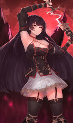  &gt;:( absurdres angry armpits arms_up ass_visible_through_thighs bad_id bad_pixiv_id black_hair black_thighhighs blunt_bangs blush breasts cleavage collarbone detached_sleeves eyelashes female garter_straps halterneck highres holding holding_sword holding_weapon impossible_clothes impossible_shirt king&#039;s_raid large_breasts long_hair long_sleeves looking_at_viewer miniskirt purple_eyes scowl seria_(king&#039;s_raid) sheath shirt skirt sleeveless solo straight_hair sword thighhighs unsheathing v-shaped_eyebrows weapon white_skirt yu_mochi_(kamiinu) zettai_ryouiki 