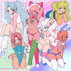  6+girls animal_ears aqua_eyes arm_behind_head armpits asymmetrical_legwear bangs blonde_hair blue_eyes blue_legwear blue_panties blue_shorts blush brown_hair brown_shorts cleavage_cutout clothing_cutout eyebrows_visible_through_hair gloves green_eyes green_legwear grey_hair hair_over_one_eye hand_on_hip hand_up hat highres long_hair medium_hair midriff multiple_girls navel one_eye_closed open_mouth original panties parted_bangs pasties pink_eyes pink_hair pink_legwear rabbit_ears red_legwear red_panties santa_hat short_hair shorts socks soreeyu_(sore-yu) thighhighs twintails underwear very_long_hair white_gloves white_hair white_legwear white_panties 