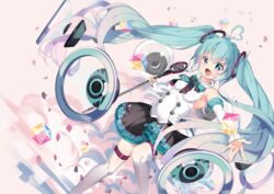  aqua_eyes aqua_hair arami_o_8 hatsune_miku magical_mirai_(vocaloid) microphone petals thighhighs twintails vocaloid 