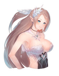  aqua_eyes armpits bad_id bad_pixiv_id bare_arms bare_shoulders blue_eyes blush breasts brooch brown_hair cat_tail choker cleavage closed_mouth clothing_cutout covered_navel detached_collar earrings elf eyelashes feather_hair_ornament feathers female from_side hair_ornament half_updo highres jewelry king&#039;s_raid long_hair looking_at_viewer medium_breasts pointy_ears ponytail selene_(king&#039;s_raid) side_cutout simple_background skin_tight smile solo tail upper_body very_long_hair white_background yu_mochi_(kamiinu) 