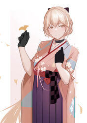  absurdres bad_id bad_pixiv_id black_bow black_choker black_gloves blonde_hair bow choker closed_mouth earrings female girls&#039;_frontline gloves hair_ornament hairbow hand_up highres holding holding_petal japanese_clothes jewelry kimono long_hair looking_at_viewer meiji_schoolgirl_uniform official_alternate_costume ots-14_(flurry_of_petals)_(girls&#039;_frontline) ots-14_(girls&#039;_frontline) petals salty_eyes simple_background solo standing yellow_eyes 