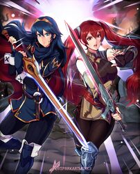  2girls armor blue_eyes blue_hair blue_legwear boots breasts brown_legwear commission falchion_(fire_emblem) fingerless_gloves fire_emblem fire_emblem_awakening framed_breasts gloves greaves highres knee_boots leather_armor long_hair looking_at_viewer lucina_(fire_emblem) medium_breasts multiple_girls red_eyes red_hair severa_(fire_emblem) sparkartworks sword twintails twitter_username weapon 