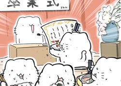  absurdres bento blurry blurry_foreground chopsticks commentary depth_of_field diploma eating eating_during_class fish food full_mouth graduation highres karameru karameru_(character) microphone onigiri open_mouth original podium shrimp shrimp_tempura tempura vase 