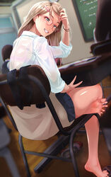  3girls back barefoot black_hair blonde_hair blue_eyes chair classroom desk earrings eyeliner feet glasses grin gyaru hair_ornament hairclip highres indoors jewelry lips long_hair makeup md5_mismatch multiple_girls natsui_tuna original pleated_skirt school_chair school_desk school_uniform shoes short_hair sitting skirt smile soles solo_focus spread_toes toes uwabaki v 