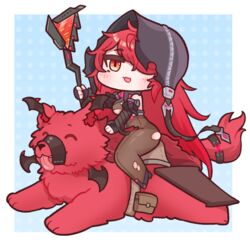  :3 blush bodysuit breasts brunhild_(last_origin) bulga chibi female full_body garmr_(last_origin) hair_over_one_eye hood last_origin long_hair looking_at_viewer looking_to_the_side open_mouth red_eyes red_hair riding staff torn_bodysuit torn_clothes very_long_hair wolf 