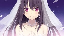  ao_no_kanata_no_four_rhythm breasts bridal_veil brown_hair cleavage closed_mouth collarbone earrings female floating_hair game_cg hair_between_eyes hair_ornament jewelry large_breasts long_hair looking_at_viewer necklace purple_background purple_sky red_eyes sky smile solo strapless suzumori tobisawa_misaki upper_body veil x_hair_ornament 