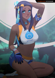  aqua_eyes aqua_hair arm_up armlet bare_legs bare_shoulders bikini biting_own_lip black_hair blue_hair dark-skinned_female dark_skin earclip earrings eyeshadow female furrowed_brow gloves hair_bun hair_ornament hand_on_own_head highres hoop_earrings jewelry long_hair looking_at_viewer makeup multicolored_hair navel nessa_(pokemon) partially_fingerless_gloves patreon_username pendant pokemon pokemon_swsh ringed_eyes seductive_smile sidelocks single_hair_bun sinner!_(sillygirl) sitting smile solo sportswear stomach swimsuit tankini two-tone_hair watermark web_address wristband 