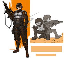  3boys armor assault_rifle boots cigar combat_boots english_commentary full_body gun handgun helmet john_captain male_focus military multiple_boys newgrounds outdoors rifle sinrasixx standing steve_(tankmen) tankman_(newgrounds) tankmen weapon 