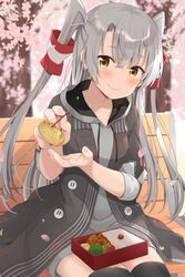  amatsukaze_(kancolle) bench bento black_thighhighs brown_eyes cherry_blossoms chopsticks coat cowboy_shot drawstring dress feeding female food grey_coat grey_dress grey_hair hair_tubes hood hooded_dress hoodie kantai_collection long_hair looking_at_viewer official_alternate_costume omelet outdoors sitting smile solo tamagoyaki thighhighs tree two_side_up yoshikita_popuri 