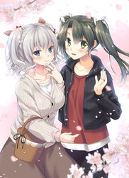  2girls alt_text alternate_costume bag black_jacket blue_eyes blurry brown_skirt cardigan cherry_blossoms commentary_request dark_green_hair depth_of_field green_eyes grey_cardigan grey_hair highres jacket jewelry kantai_collection kashima_(kancolle) long_hair looking_at_viewer minakami_nagara multiple_girls official_alternate_costume red_shirt ribbon ring shirt sidelocks skirt twintails upper_body waving wavy_hair wedding_ring white_ribbon zuikaku_(kancolle) 