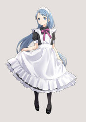  alternate_costume apron black_dress black_footwear black_pantyhose blue_eyes blue_hair commentary_request dress enmaided female full_body gradient_hair grey_background kantai_collection katakori_sugita long_hair looking_at_viewer maid maid_headdress mary_janes multicolored_hair pantyhose puffy_sleeves purple_ribbon ribbon samidare_(kancolle) shoes simple_background skirt_hold solo standing swept_bangs very_long_hair white_apron 