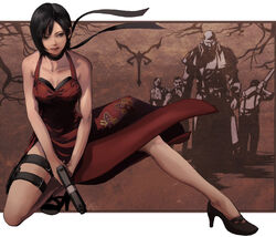  2girls 3boys ada_wong animal_print bald bare_shoulders bare_tree black_choker black_eyes black_footwear black_hair breasts butterfly_print chainsaw choker cleavage closed_mouth collarbone dr._salvador dress gauss_&lt;bokashi gun handgun high_heels holding holding_chainsaw holding_gun holding_weapon multiple_boys multiple_girls pointing red_dress red_lips resident_evil resident_evil_4 short_hair smile solo_focus thigh_strap tree weapon 