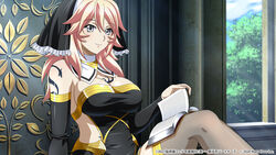  alternate_costume black_dress black_headwear black_sleeves book_on_lap breasts cleavage closed_mouth day detached_collar detached_sleeves dress female game_cg grey_eyes grey_thighhighs hair_between_eyes highres ikkitousen indoors large_breasts long_hair long_sleeves pink_hair shibai_chuutatsu sitting smile solo strapless strapless_dress sunlight thighhighs 