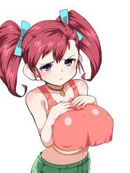  bakusou_kyoudai_let&#039;s_&amp;_go!! bakusou_kyoudai_let&#039;s_&amp;_go!!_max blush breasts collarbone commentary covered_nipples female huge_breasts long_hair looking_at_viewer midriff navel oogami_marina oppai_loli purple_eyes red_hair shorts simple_background solo twintails underboob white_background zootan 