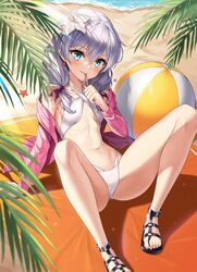  absurdres aliceblue arm_support ass bad_id bad_pixiv_id ball bare_legs bare_shoulders beach beach_mat beachball bikini blue_eyes breasts criss-cross_halter day earrings female flower hair_flower hair_ornament hair_over_shoulder hair_ribbon halterneck highleg highleg_bikini highres honkai_(series) honkai_impact_3rd jacket jewelry knees_up long_hair long_sleeves looking_at_viewer navel off_shoulder open_clothes open_jacket outdoors palm_leaf pink_jacket revision ribbon sand sandals shadow sitting small_breasts smile solo stomach sunlight swimsuit theresa_apocalypse thighs water wet white_bikini white_hair 