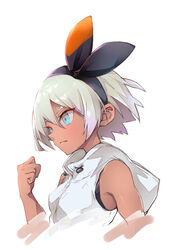  amazarash1 bea_(pokemon) black_hairband blue_eyes clenched_hand closed_mouth commentary_request dark-skinned_female dark_skin female hairband highres hood hooded_jacket jacket looking_away pokemon pokemon_swsh short_hair simple_background solo upper_body white_background white_hair white_jacket 