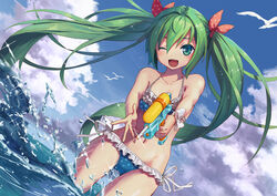  bikini bow gray_hair green_eyes hatsune_miku kyou-chan navel swimsuit vocaloid water wink 