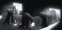  6+girls all_fours commentary_request dress flat_screen_tv greyscale long_hair monochrome multiple_girls shirosato short_sleeves static television the_human_centipede the_ring through_medium through_screen yamamura_sadako 