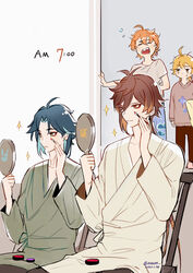  4boys aether_(genshin_impact) alternate_costume applying_makeup aqua_hair blonde_hair brown_hair closed_eyes closed_mouth dated earrings genshin_impact hair_between_eyes hand_mirror highres holding jewelry long_hair long_sleeves makeup male_focus mirror morning multicolored_hair multiple_boys open_mouth orange_hair robe rokuon shirt short_sleeves single_earring sitting sparkle sweat tartaglia_(genshin_impact) twitter_username xiao_(genshin_impact) yawning yellow_eyes zhongli_(genshin_impact) 