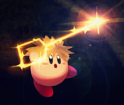  black_background black_eyes blush_stickers brown_hair copy_ability cosplay energy_weapon glowing holding holding_weapon keyblade kingdom_hearts kirby kirby_(series) no_humans open_mouth sora_(kingdom_hearts) sora_(kingdom_hearts)_(cosplay) sparkle spiked_hair super_smash_bros. suyasuyabi weapon 