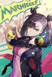  1boy 2girls aqua_eyes bad_id bad_pixiv_id black_hair character_name commentary_request dress dusk_ball earrings english_text galarian_weezing hair_ribbon highres holding holding_poke_ball jacket jewelry leather leather_jacket long_hair long_sleeves looking_at_viewer marnie_(pokemon) morpeko morpeko_(full) multiple_girls obstagoon open_clothes open_jacket pink_dress poke_ball pokemon pokemon_(creature) pokemon_swsh pos_(shiratama-ya) ribbon short_twintails shouting speech_bubble team_yell team_yell_grunt twintails 