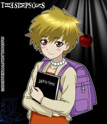  apple backpack bag blonde_hair blush death_note death_tome english_text female food fotanimaciones fruit hair_between_eyes hugging_object jacket jewelry lisa_simpson lolicon pink_bag short_hair smile solo the_simpsons web_address 