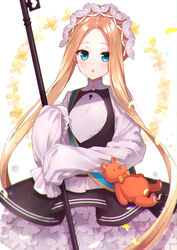  :o abigail_williams_(fate) abigail_williams_(festival_outfit)_(fate) akariko alternate_costume black_skirt blonde_hair blue_eyes blush breasts dress enmaided fate/grand_order fate_(series) female forehead highres keyhole long_hair long_sleeves looking_at_viewer maid maid_headdress mop official_alternate_costume open_mouth parted_bangs sash sidelocks simple_background skirt sleeves_past_fingers sleeves_past_wrists small_breasts solo stuffed_animal stuffed_toy teddy_bear white_background white_dress 